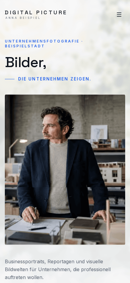 Startseite der Demo-Website Digital Picture, gebaut mit WEP — mobile Ansicht