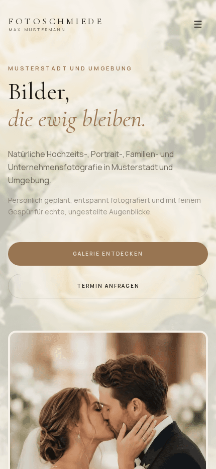 Startseite der Demo-Website Fotoschmiede, gebaut mit WEP — mobile Ansicht